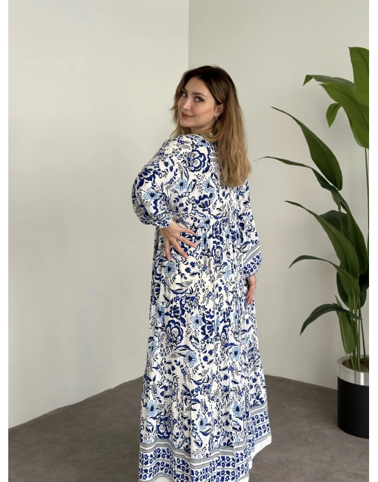 Uzun Boy Dekolte Bol Kesim Pamuklu Viskon Elbise Beyaz Mavi