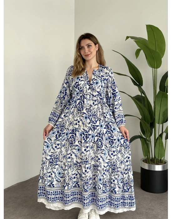 Uzun Boy Dekolte Bol Kesim Pamuklu Viskon Elbise Beyaz Mavi