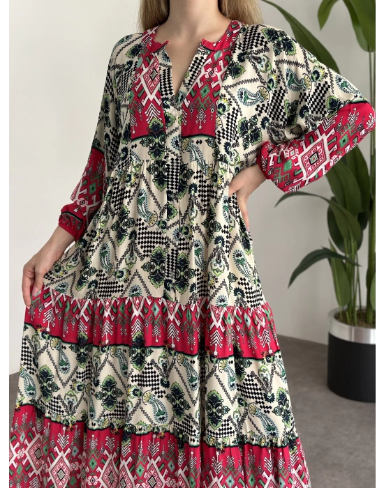 Uzun Boy Dekolte Bol Kesim Pamuklu Viskon Elbise Fusya Motifli