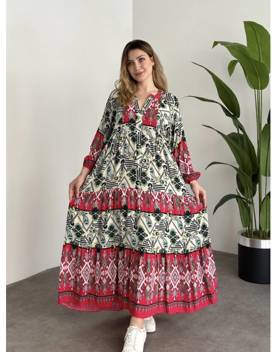 Uzun Boy Dekolte Bol Kesim Pamuklu Viskon Elbise Fusya Motifli