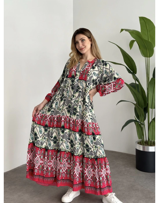 Uzun Boy Dekolte Bol Kesim Pamuklu Viskon Elbise Fusya Motifli