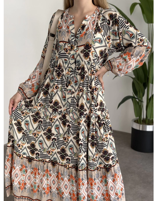 Uzun Boy Dekolte Bol Kesim Pamuklu Viskon Elbise Krem Turuncu