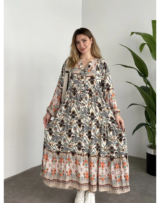 Uzun Boy Dekolte Bol Kesim Pamuklu Viskon Elbise Krem Turuncu