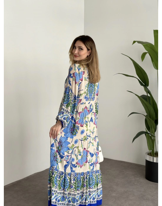 Uzun Boy Dekolte Bol Kesim Pamuklu Viskon Elbise Mavi Krem