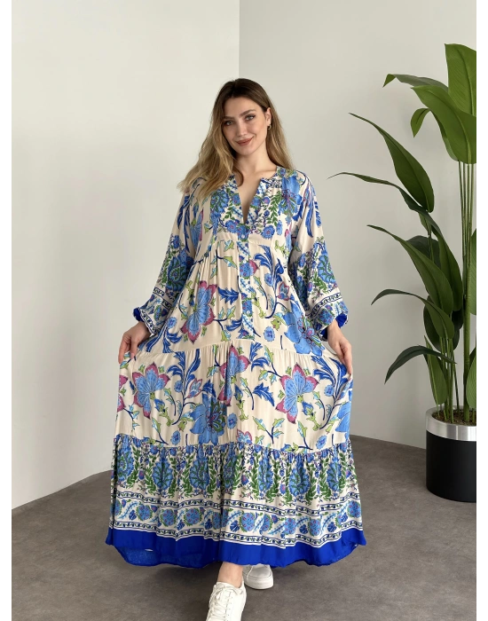 Uzun Boy Dekolte Bol Kesim Pamuklu Viskon Elbise Mavi Krem