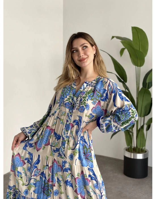 Uzun Boy Dekolte Bol Kesim Pamuklu Viskon Elbise Mavi Krem