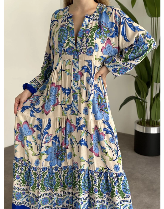 Uzun Boy Dekolte Bol Kesim Pamuklu Viskon Elbise Mavi Krem