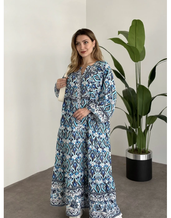 Uzun Boy Dekolte Bol Kesim Pamuklu Viskon Elbise Turkuaz