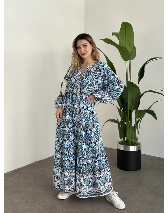 Uzun Boy Dekolte Bol Kesim Pamuklu Viskon Elbise Turkuaz