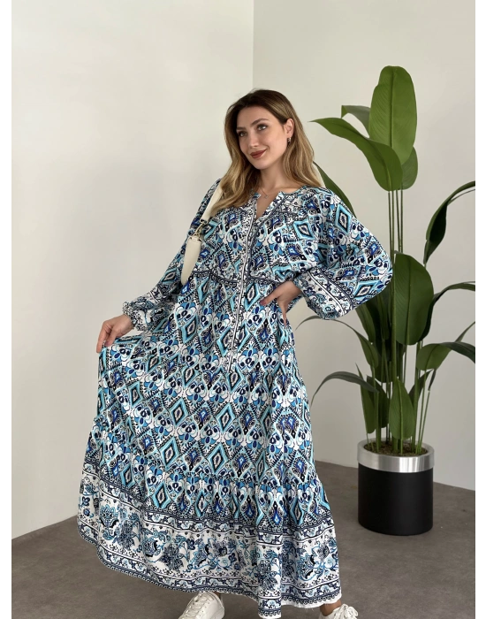 Uzun Boy Dekolte Bol Kesim Pamuklu Viskon Elbise Turkuaz