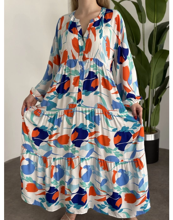 Uzun Boy Dekolte Bol Kesim Pamuklu Viskon Elbise Turuncu Mavili desenli