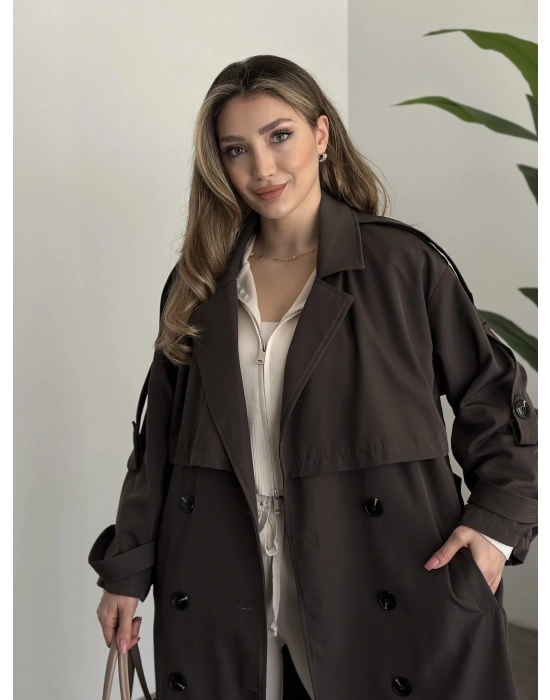 Uzun düğmeli beli kuşaklı oversize astarlı trençkot acı kahve