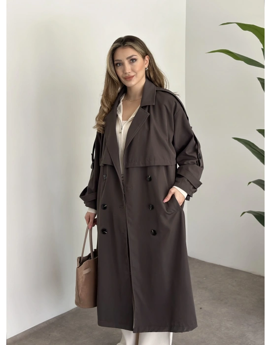 Uzun düğmeli beli kuşaklı oversize astarlı trençkot acı kahve