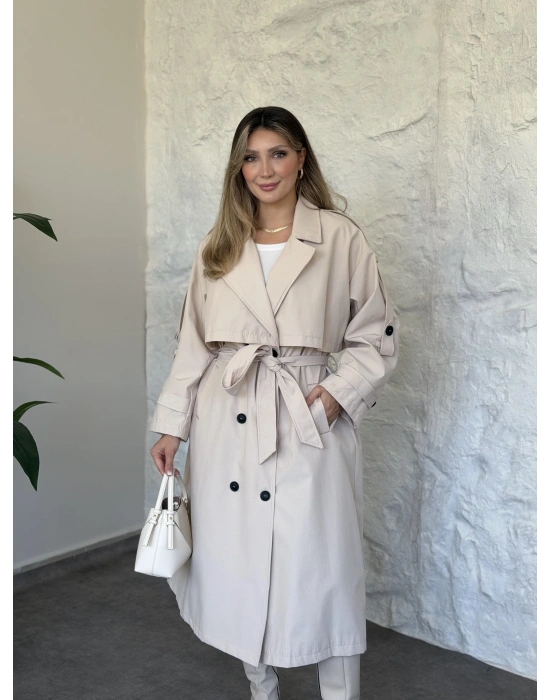 Uzun düğmeli beli kuşaklı oversize astarlı trençkot açık krem