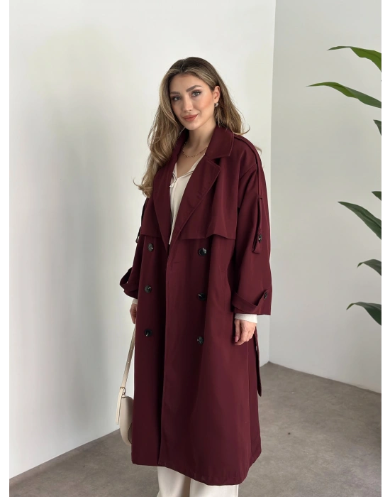 Uzun düğmeli beli kuşaklı oversize astarlı trençkot bordo