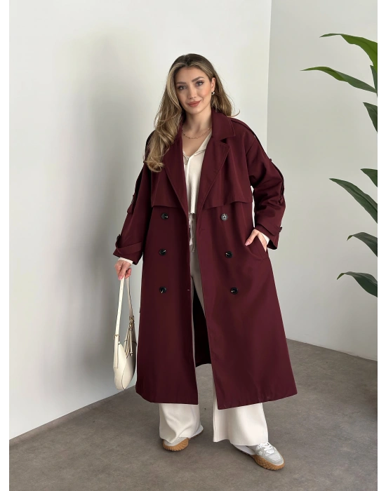 Uzun düğmeli beli kuşaklı oversize astarlı trençkot bordo