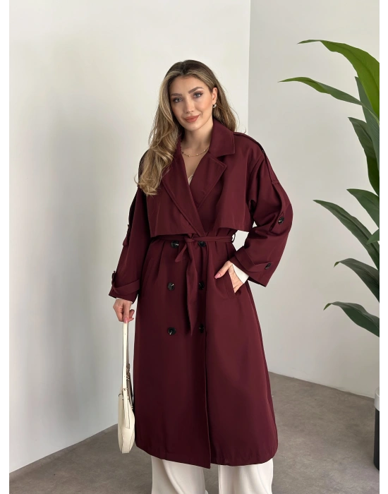 Uzun düğmeli beli kuşaklı oversize astarlı trençkot bordo