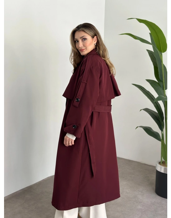 Uzun düğmeli beli kuşaklı oversize astarlı trençkot bordo