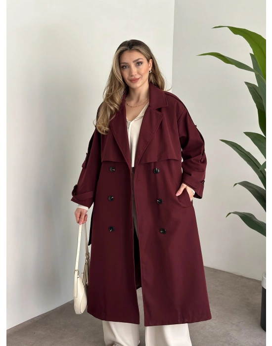 Uzun düğmeli beli kuşaklı oversize astarlı trençkot bordo