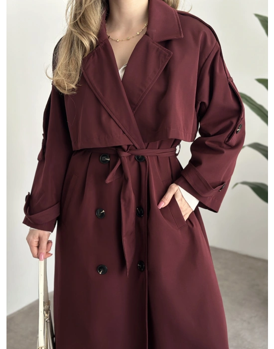 Uzun düğmeli beli kuşaklı oversize astarlı trençkot bordo