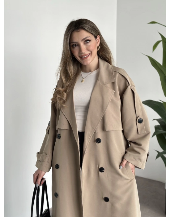 Uzun düğmeli beli kuşaklı oversize astarlı trençkot bej