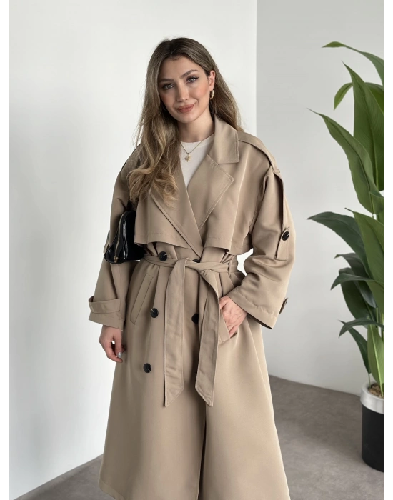 Uzun düğmeli beli kuşaklı oversize astarlı trençkot bej