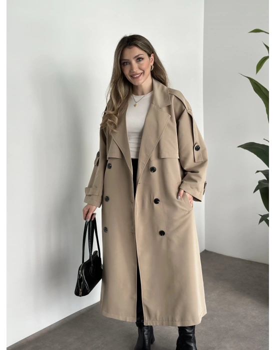 Uzun düğmeli beli kuşaklı oversize astarlı trençkot bej