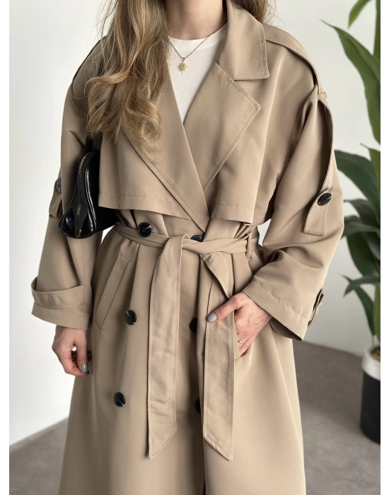 Uzun düğmeli beli kuşaklı oversize astarlı trençkot bej