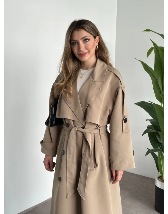 Uzun düğmeli beli kuşaklı oversize astarlı trençkot bej