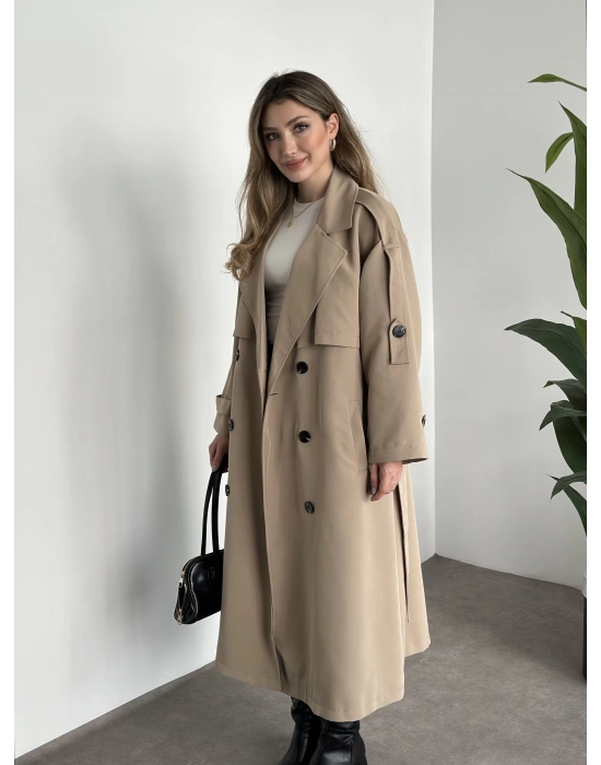 Uzun düğmeli beli kuşaklı oversize astarlı trençkot bej