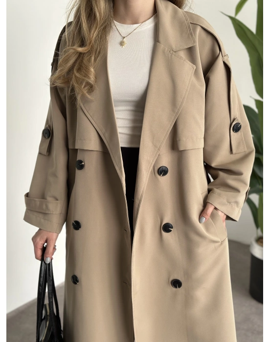 Uzun düğmeli beli kuşaklı oversize astarlı trençkot bej