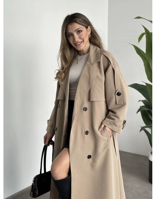 Uzun düğmeli beli kuşaklı oversize astarlı trençkot bej