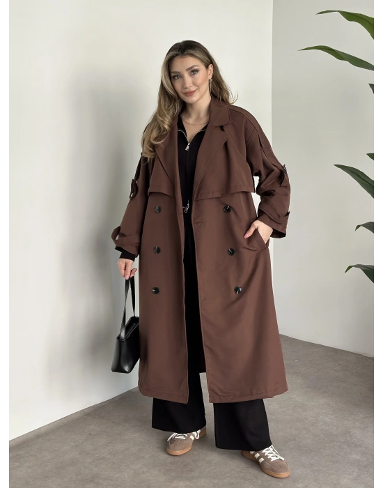 Uzun düğmeli beli kuşaklı oversize astarlı trençkot açık kahverengi