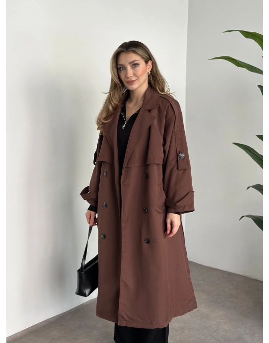Uzun düğmeli beli kuşaklı oversize astarlı trençkot açık kahverengi