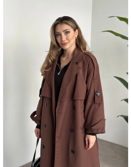 Uzun düğmeli beli kuşaklı oversize astarlı trençkot açık kahverengi
