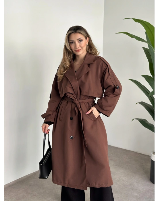 Uzun düğmeli beli kuşaklı oversize astarlı trençkot açık kahverengi
