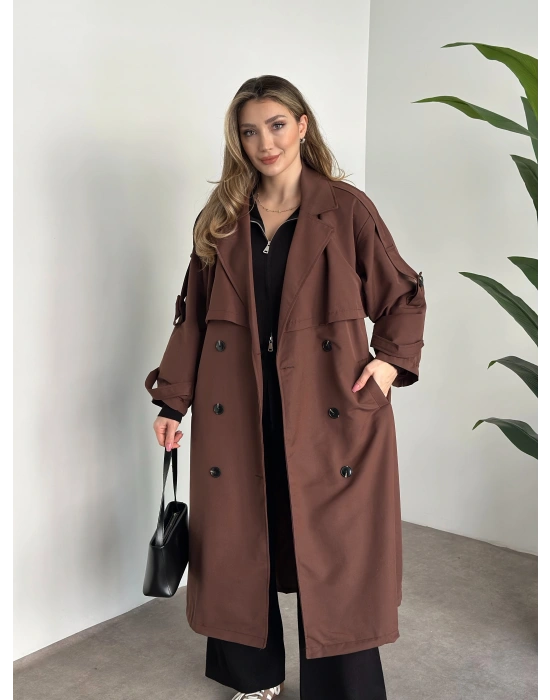 Uzun düğmeli beli kuşaklı oversize astarlı trençkot açık kahverengi