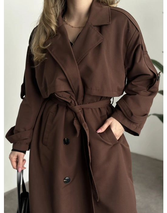 Uzun düğmeli beli kuşaklı oversize astarlı trençkot açık kahverengi