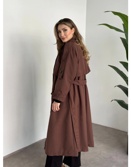 Uzun düğmeli beli kuşaklı oversize astarlı trençkot açık kahverengi