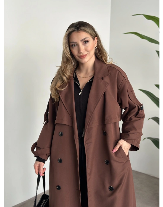 Uzun düğmeli beli kuşaklı oversize astarlı trençkot açık kahverengi