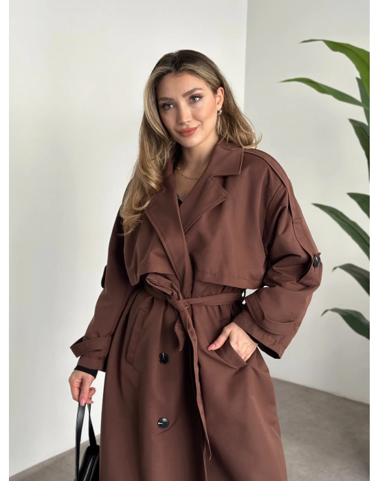 Uzun düğmeli beli kuşaklı oversize astarlı trençkot açık kahverengi