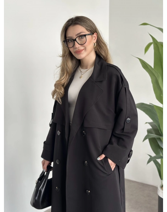 Uzun düğmeli beli kuşaklı oversize astarlı trençkot siyah