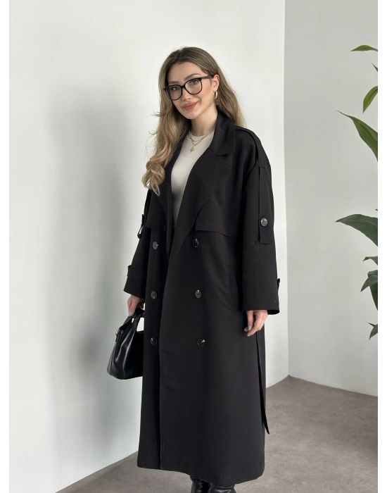 Uzun düğmeli beli kuşaklı oversize astarlı trençkot siyah