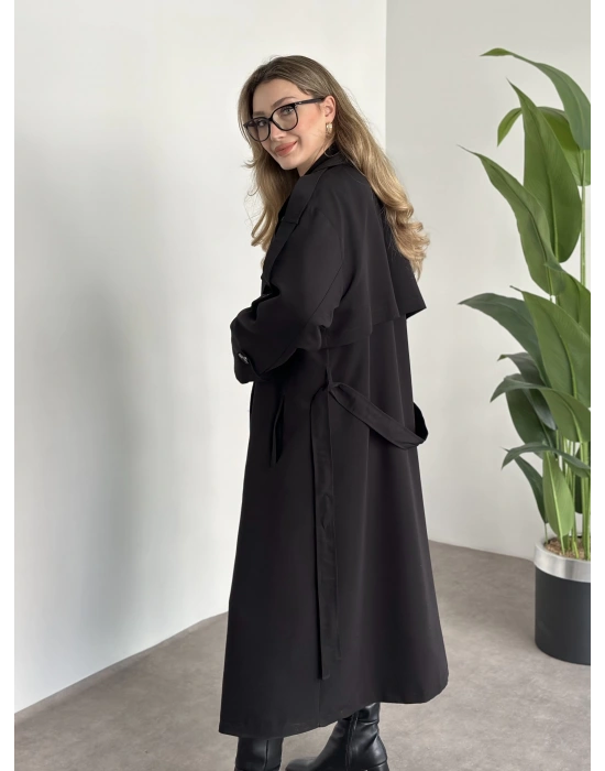 Uzun düğmeli beli kuşaklı oversize astarlı trençkot siyah