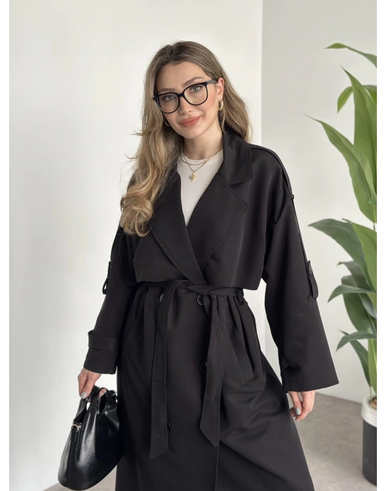 Uzun düğmeli beli kuşaklı oversize astarlı trençkot siyah