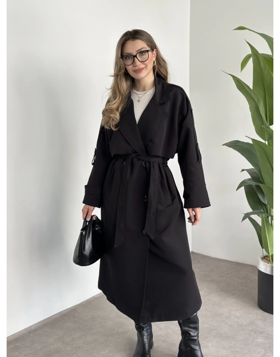 Uzun düğmeli beli kuşaklı oversize astarlı trençkot siyah