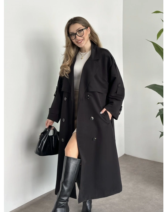 Uzun düğmeli beli kuşaklı oversize astarlı trençkot siyah