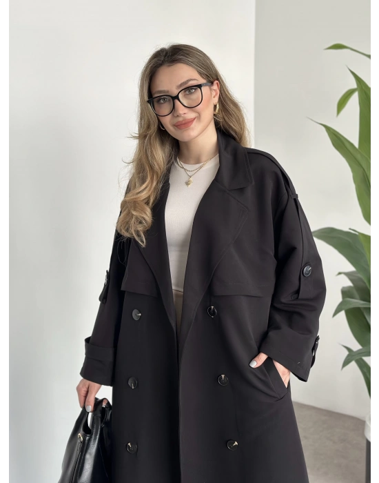 Uzun düğmeli beli kuşaklı oversize astarlı trençkot siyah