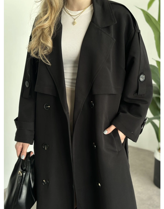 Uzun düğmeli beli kuşaklı oversize astarlı trençkot siyah