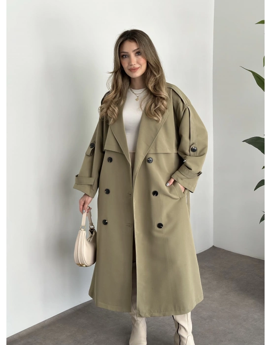 Uzun düğmeli beli kuşaklı oversize astarlı trençkot yeşil